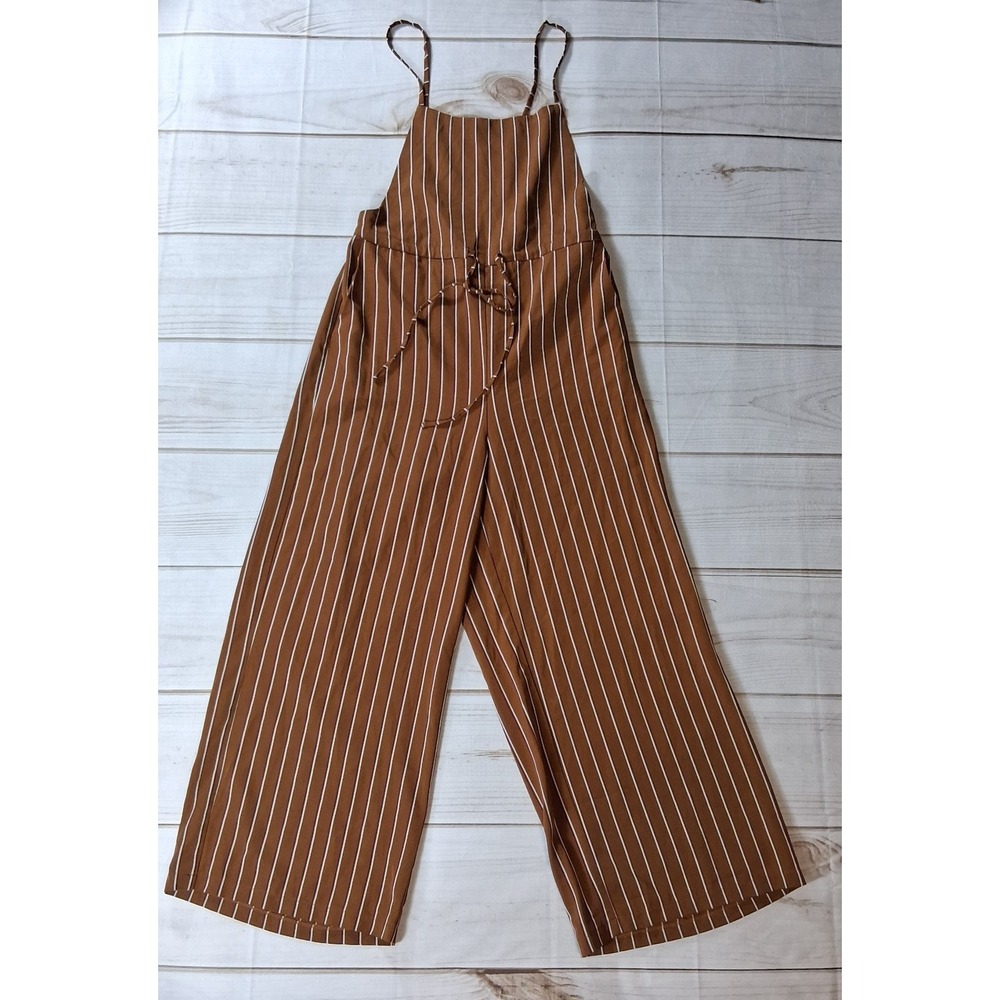 Urban Outfitters Pinstripe Wide Leg Jumpsuit Womens S Petite Brown Sleeveless